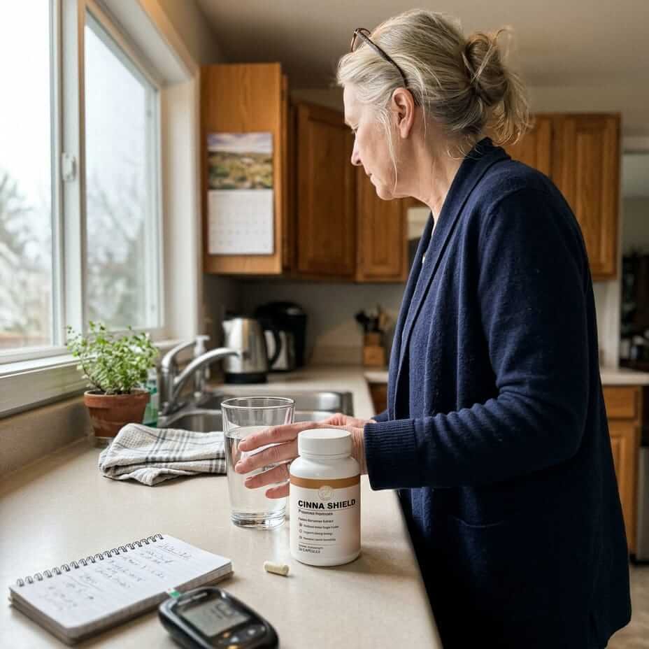 Smiling silver-haired woman enjoying a calm morning tea in her kitchen