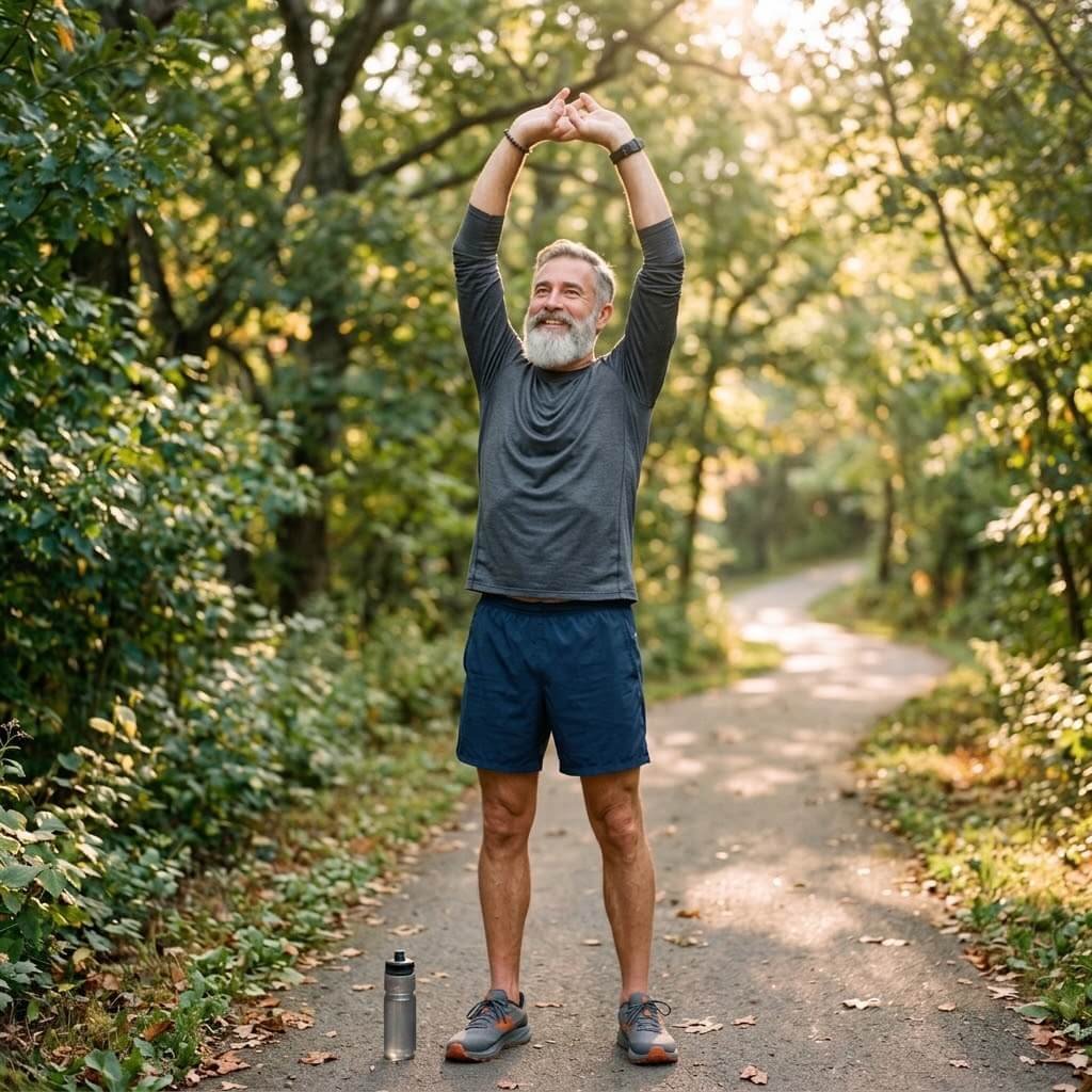 Fit man in his sixties stretching outdoors after a morning walk